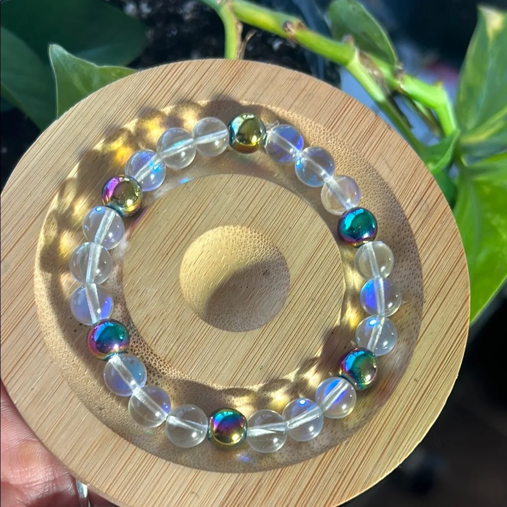 Handmade Iridescent Hematite + Aura Quartz Beaded Bracelet